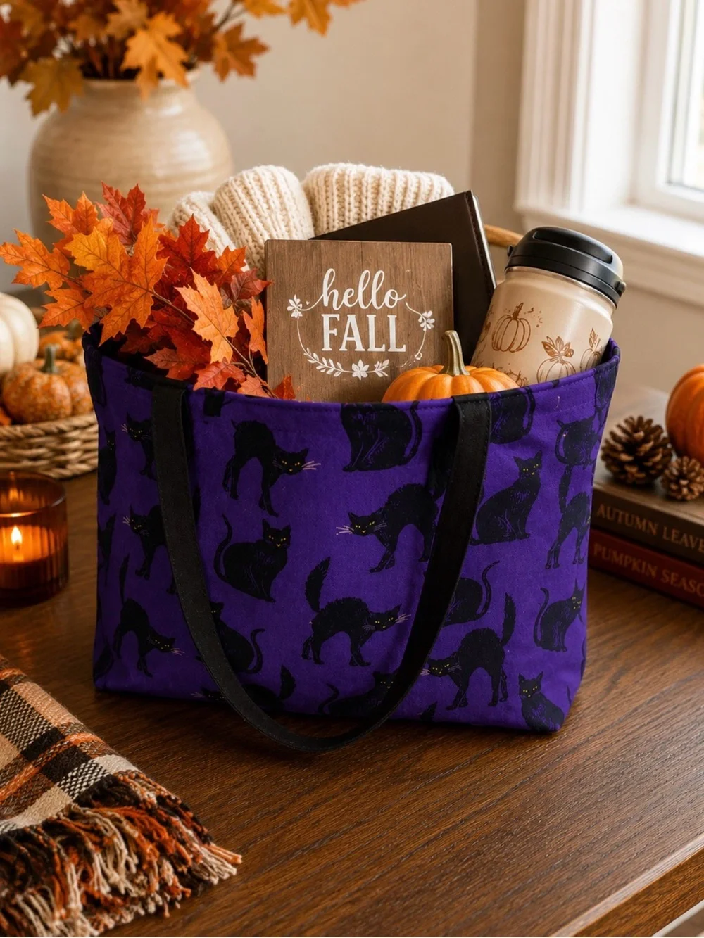 SOLD Purple Cat Print Tote Bag